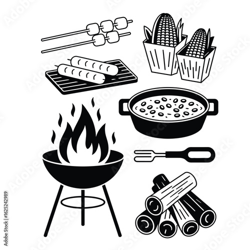 Black and white vector illustration of campfire BBQ food pack with marshmallows, sausages, foil pack meals, corn, baked beans, and cast iron skillet