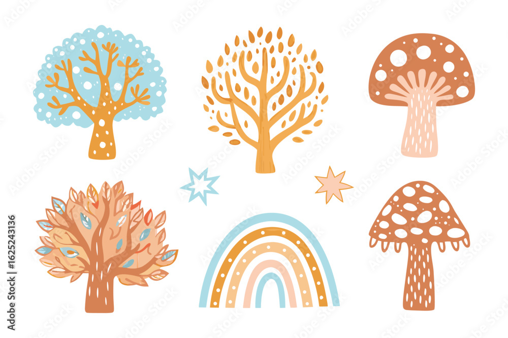 Whimsical Forest Elements Illustration: An enchanting scene featuring stylized trees, mushrooms, stars and a rainbow, all beautifully illustrated in a charming, playful style. 