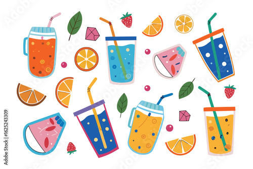 Fresh Drink Assortment: A vibrant assortment of fruit-infused refreshments, from effervescent juices to smoothies, invites refreshment and flavor, perfect for summertime enjoyment. 