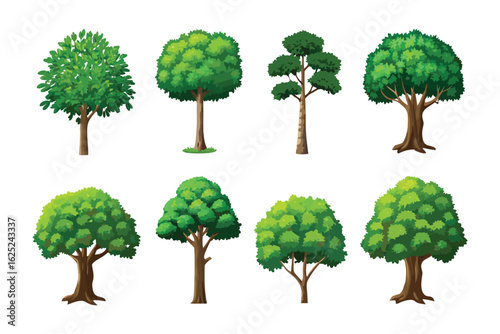 Varied Trees in Landscape: Collection of eight unique trees in full bloom, each representing distinct species, forming a visual exploration of botanical diversity and environmental harmony.