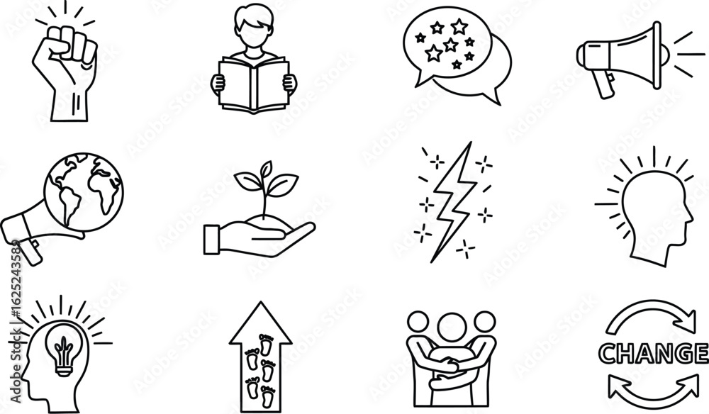 Naklejka premium Vector art of set of linear icons representing various concepts such as power, knowledge, growth, innovation, and collaboration