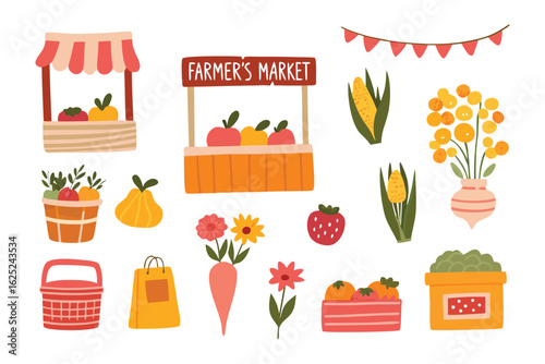 Fresh Market Delights: An array of illustrations, showcasing the vibrancy of a farmer's market with colorful produce, inviting stalls, and fresh blooms. 