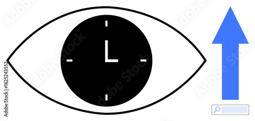 Eye containing a clock, representing observation and time management, paired with a blue upward arrow for growth. Ideal for productivity, vision, analytics, success, strategy, time tracking simple