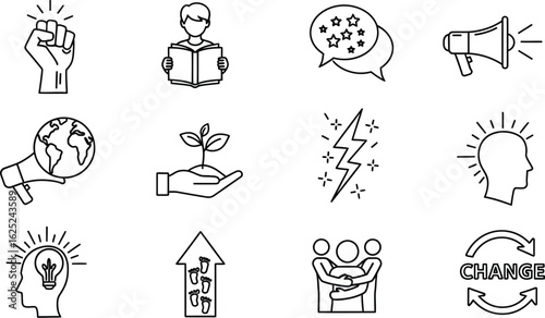 Vector art of set of linear icons representing various concepts such as power, knowledge, growth, innovation, and collaboration