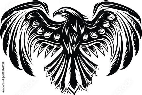 Bold black eagle soars with intricately stylized feathers spread widely against a white backdrop