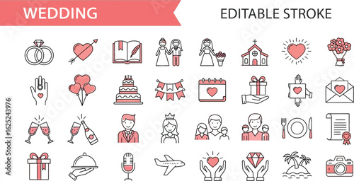 Vector art of wedding icons set with editable stroke, depicting love, marriage, and celebration, featuring symbols of romance, family, and honeymoon