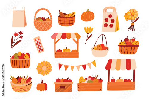 Autumn Harvest: A vibrant collection of autumnal elements, including pumpkins, apples, and baskets, evokes the cozy and plentiful harvest season in this illustrated scene.