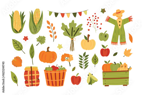Autumn Harvest Elements: A charming and colorful flat illustration showcasing an assortment of fall harvest elements. Including apples, pumpkins, corn, leaves, and a scarecrow.