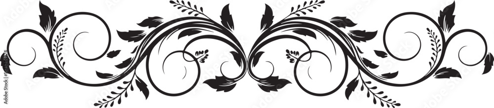 Fototapeta premium Black Decorative Floral Swirls and Leaves Border Element on White Background flourish