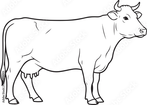Black and white line drawing of a standing cow with horns and udder cattle livestock
