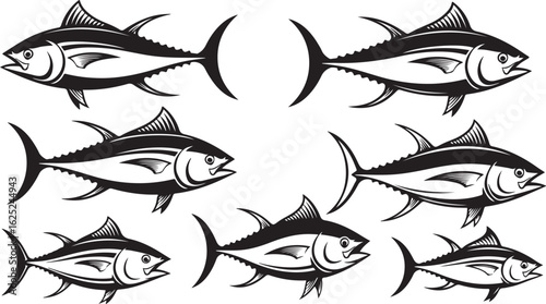 Black And White Tuna Fish Silhouettes Collection On White Background fishing seafood