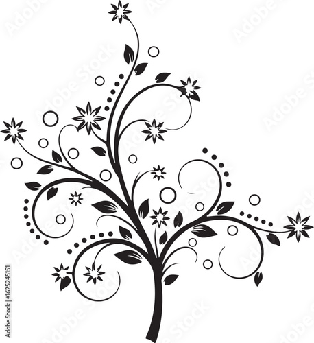 Black Silhouette of a Swirling Floral Design with Leaves and Stars on White flower vine