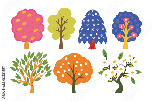 Artistic Tree Collection: A vibrant collection of whimsical and stylized trees, each bursting with unique colors and textures, ready to bring a touch of nature's artistry to your project.