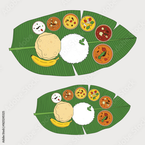 Traditional south indian feast served on banana leaves with diverse curries and rice