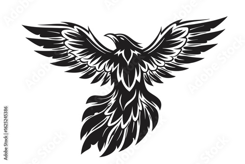 Black silhouette phoenix with textured plumage majestically spreads its wings widely on white