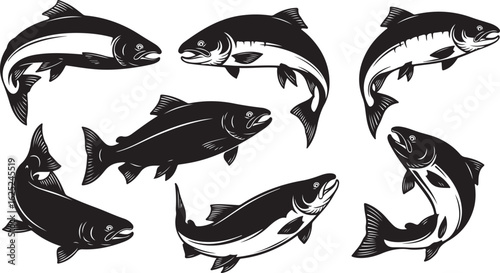 Collection of black salmon fish silhouettes in various poses on white background fishing