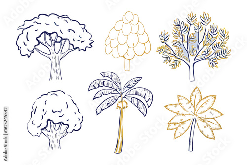 Nature's Artistic Palette: A collection of detailed tree illustrations in various styles, showcasing the diverse forms of arboreal life with an artistic touch.