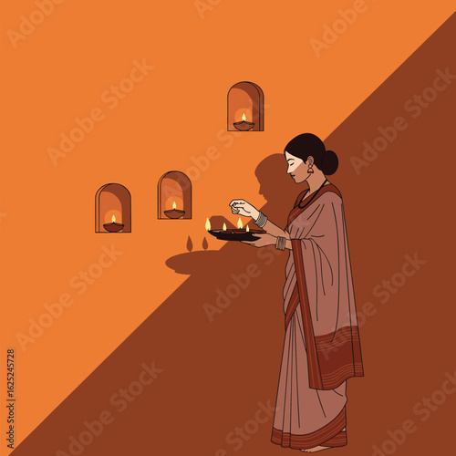 Woman lighting oil lamps for a religious ceremony with decorative wall niches and dramatic shadows
