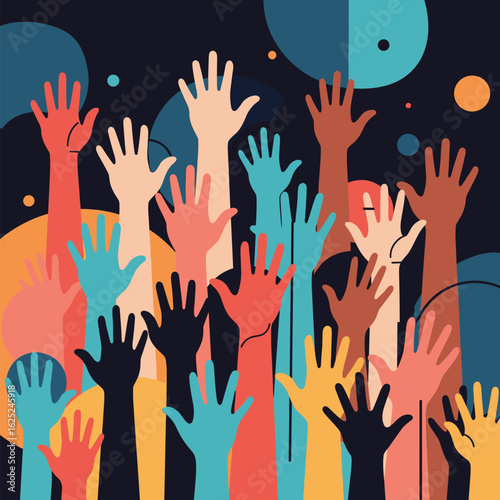 A vibrant collection of raised hands representing diversity unity and participation
