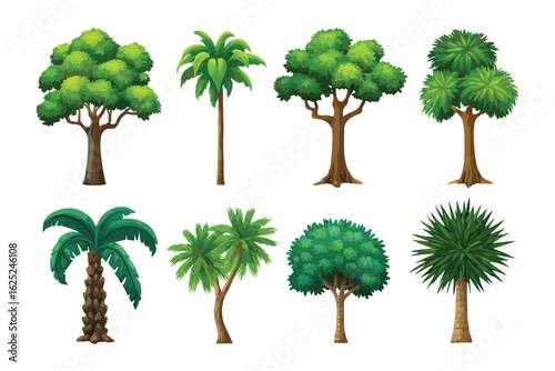 Diverse Green Tree Collection: A vibrant selection of green trees, each meticulously detailed with a variety of leaf textures and shapes, showcasing a diversity of botanical forms. 