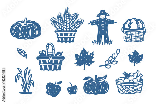 Autumn harvest illustration: A collection of stylized, monochromatic illustrations of pumpkins, baskets, and harvest elements, each piece a tribute to the abundance of autumn.