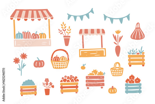 Harvest Market Delights: charming illustration of a farmers market, bursting with fresh produce, colorful decorations, and the essence of autumn.