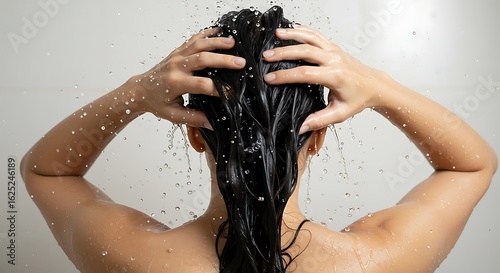Woman washing hair in shower with water pouring over head and shoulders