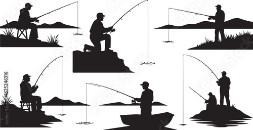 Silhouettes Of People Fishing In Various Locations On White Background fisherman angler