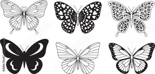 Six Decorative Butterflies with Intricate Patterns in Black and White butterfly insect