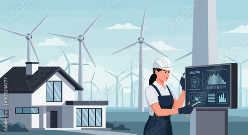 Female Engineer Inspecting Wind Turbine Efficiency With Modern Technology