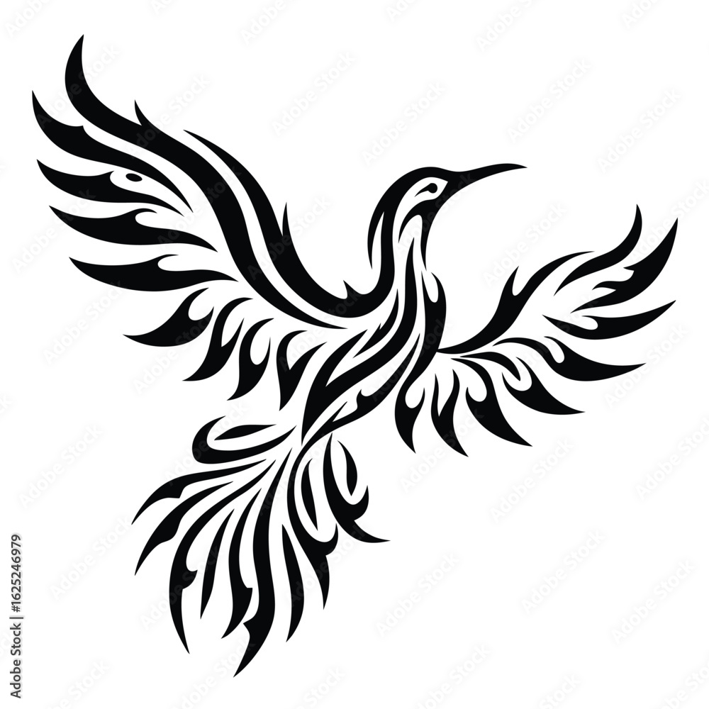 Fototapeta premium Black depicts stylized bird soaring with elegantly patterned wings, creating a graceful impression