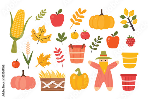 Harvest Delight: An artful assortment of autumn elements, including corn, pumpkins, apples, leaves, and other symbols of the season, arranged in a cheerful and welcoming composition.