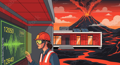 Volcano Monitoring Station With Engineer Analyzing Seismograph Data