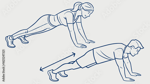 Yoga illustration of a man and woman in four-limbed staff pose preparing for a push-up depicted in vector style.