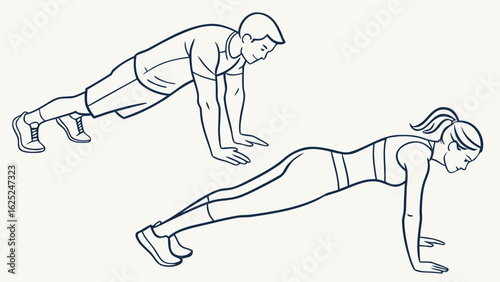 Man and woman doing yoga in four-limbed staff pose getting ready for push-up exercise illustrated in vector style.