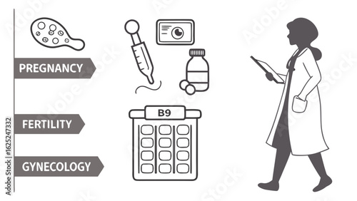 minimalist line art icons for pregnancy fertility and gynecology with doctor isolated on white background.