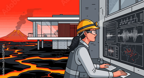 Volcanic Observatory Scientist Analyzing Seismograph Data For Eruption Detection
