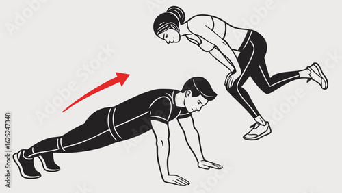 Yoga illustration of a man and woman in four-limbed staff pose, preparing for a push-up, depicted in vector style.
