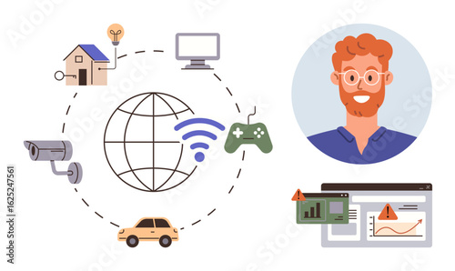 Networked objects include a house, computer, camera, car, gaming controller, and data analytics. Ideal for smart home, IoT, technology innovation connectivity cybersecurity digital