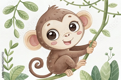 Adorable baby monkey with big eyes swinging on a vine in a lush green jungle
