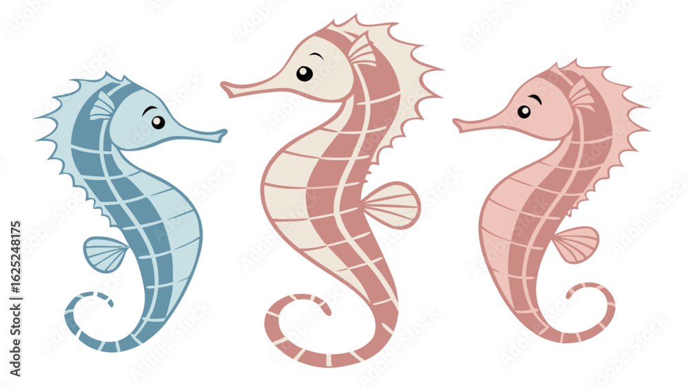 Fototapeta premium a cute seahorse trio in pastel colors isolated on white background.