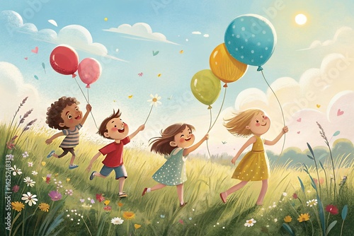 Joyful children with colorful balloons running through a sunny meadow on a beautiful day