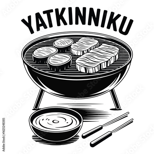 Black and white vector of Japanese Yakiniku grill pack with beef cuts, dipping sauce bowls, and portable tabletop grill setup