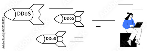 DDoS attacks represented by flying missiles approaching a user working on a laptop. Ideal for cybersecurity risks, online threats, data safety, internet defense, attack visuals, digital caution