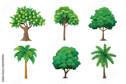 Assorted Tree Varieties: An array of meticulously crafted digital illustrations showcasing an assortment of trees. Each tree boasts a unique form and vibrant hue.