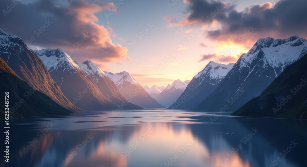 Obraz premium Majestic Mountain Landscape Reflecting Golden Sunset Sky