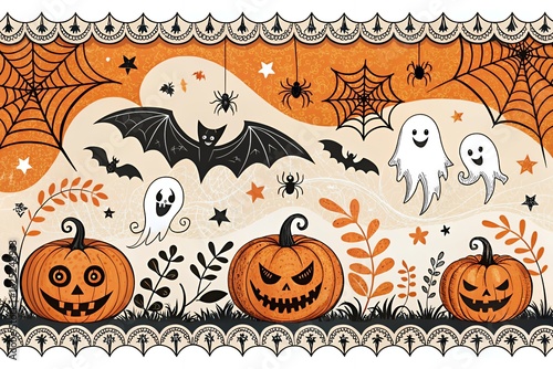 Whimsical halloween illustration with carved pumpkins flying bats spooky ghosts and cobwebs
