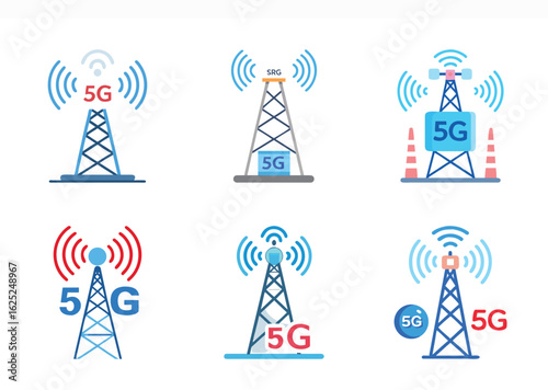 Collection of 5G Communication Towers with Network Signals Emanating from Them