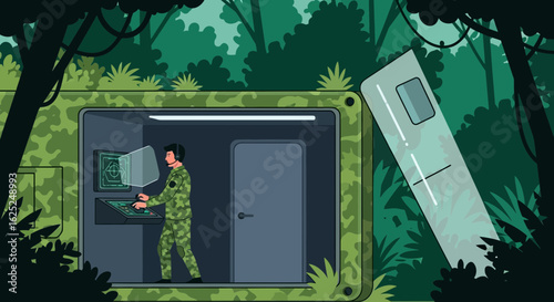 Military Operator In Jungle Base Surveillance And Tactical Coordination