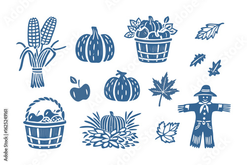 Autumn Harvest Celebration: A delightful autumnal arrangement features corn stalks, pumpkins, apple, baskets of bounty, and a charming scarecrow, all in an illustrative style.